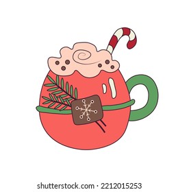 Doodle style Christmas mug art. Festive winter holidays greeting card, poster, invitation, decorative element with cozy cup of hot drink decorated with candy cane and whipped cream