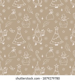 Doodle style christmas pattern isolated on dark yellow background. Perfect for background decoration, paper and other designs.	