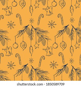 Doodle style Christmas seamless pattern. Pine branches with cones and christmas trees toys isolated on yellow background. ´´Perfect for Christmas decorations.