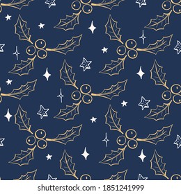 Doodle style Christmas seamless pattern isolated on dark blue background. Perfect for Christmas decorations and holidays backgrounds.