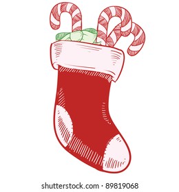 Doodle style christmas stocking with candy canes vector illustration