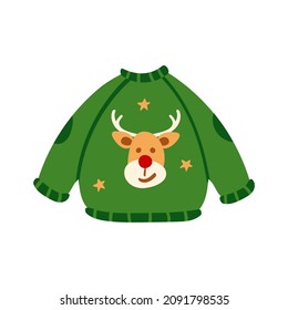 Doodle style Christmas sweater with a deer. Cute vector illustration for holiday decoration of cards, posters, concession products. Christmas and New Years element.