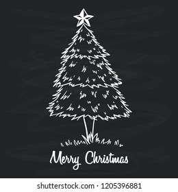 doodle style of christmas tree with text on blackboard background