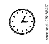 Doodle style clock icon logo design. Hand drawn time symbol and watch sign. Playful sketch clock icon. Time management and schedule.