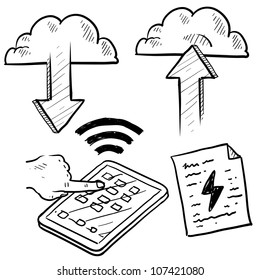 Doodle style cloud computing illustration showing data being uploaded into the cloud and downloaded to smartphones and mobile devices.