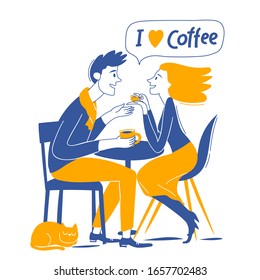 Doodle style coffee background with a couple in love and coffee. Good for motivational coffee lovers card or poster 