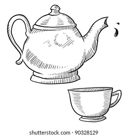 Doodle style coffee or tea vector illustration with coffeepot, teapot, and cup