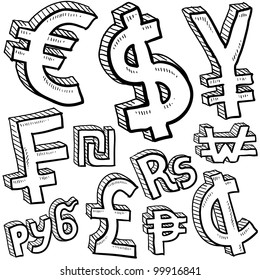 Doodle style coin with currency symbol set including euro, dollar, yen, pound, cent, ruble, won, yuan, shekel, and franc