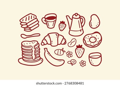 Doodle style collection of breakfast items with pancakes and coffee cup hand drawn food illustration baked goods food art line art maple syrup breakfast pancakes croissant