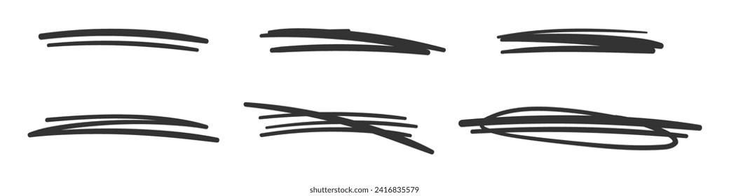 Doodle Style Collection Featuring Strikethrough Lines. Hand Drawn Emphasis Elements, Underlines, Marker Lines, and Crossed Scribble Stripes.