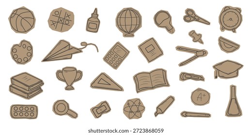 Doodle style collection of school and learning objects drawn on brown kraft paper patches. Vector illustration.