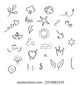 Vector de colección de estilos Doodle para red social. Borrador subrayado, iconos, énfasis, burbujas de voz. Elementos de línea del corazón, flechas, garabatos, flor. Simple señal de estrella, mariposa, abeja, palabras. 