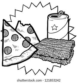 Doodle style college food illustration in vector format.  Includes beer or soda can, ramen noodles, and pizza.