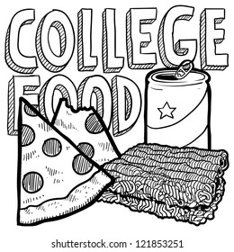 Doodle Style College Food Illustration With Pizza, Ramen Noodles, And Beer Can In Vector Format.