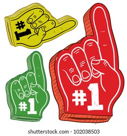 Doodle style colorful foam fingers used at stadiums and ballparks to cheer on your team. Vector file.