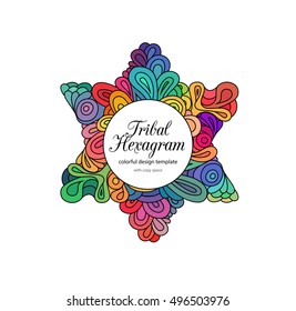 Doodle style colorful hexagram design template with copy space. Colorful zentangle hexagram sketch.