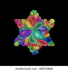 Doodle style colorful hexagram illustration. Colorful zentangle hexagram sketch on black background. Hexagram tattoo sketch. Ethnic wavy six points star vector illustration.