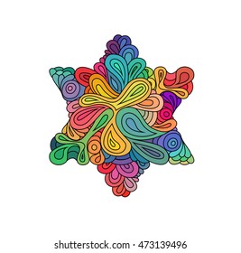 Doodle style colorful hexagram illustration. Colorful zentangle hexagram sketch. Hexagram tattoo sketch. Ethnic wavy six points star vector illustration.