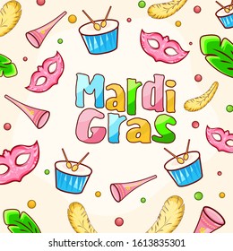 Doodle Style Colorful Mardi Gras Text with Drum, Party Mask, Feather and Horn Decorated on White Background.