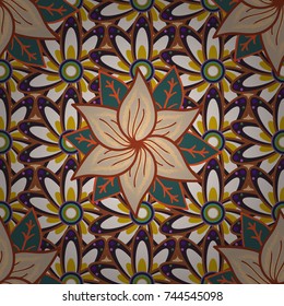 Doodle style. Colorful seamless pattern. Perfect for textile, cover design. Hand drawn seamless autumn floral flower pattern. Flowers on colorful background.
