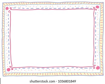 doodle style colourful rectangular frame  consists of dots and lines in pink, blue and yellow pastel colours