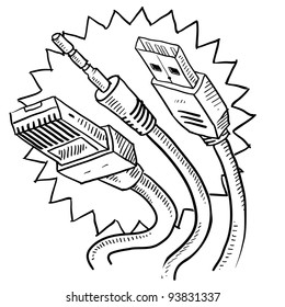 Doodle style computer cables sketch in vector format.  Includes auxiliary jack, USB, and ethernet cable ends.