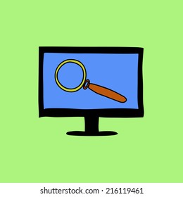 Doodle style computer with magnifying glass as symbol of search