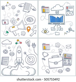 Doodle style concept of career growth, start up, career ladder, corporate opportunities, human resource management. Modern line illustration for web banners, hero images, printed materials.