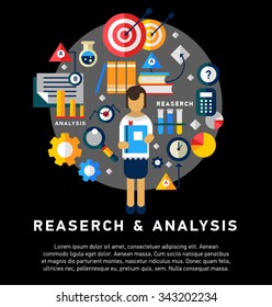 Doodle style concept of general research & analysis, problem solving, collecting data, scientific technologies approach.  Flat illustration for web banners, hero images. 