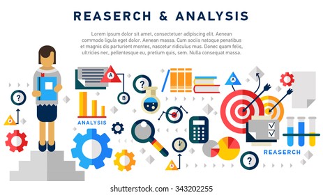 Doodle style concept of general research & analysis, problem solving, collecting data, scientific technologies approach.  Flat illustration for web banners, hero images. 
