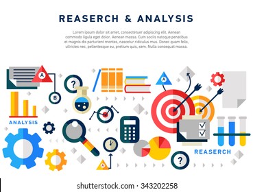 Doodle style concept of general research & analysis, problem solving, collecting data, scientific technologies approach.  Flat illustration for web banners, hero images. 