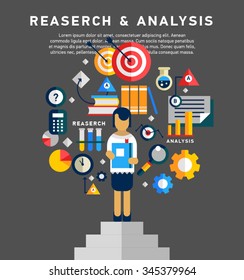 Doodle style concept of general research & analysis, problem solving, collecting data, scientific technologies approach.  Flat illustration for web banners, hero images. 