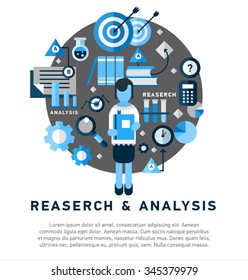 Doodle style concept of general research & analysis, problem solving, collecting data, scientific technologies approach.  Flat illustration for web banners, hero images. 
