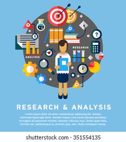 Doodle style concept of general research & analysis, problem solving, collecting data, scientific technologies approach.  Flat illustration for web banners, hero images. 