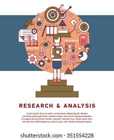 Doodle style concept of general research & analysis, problem solving, collecting data, scientific technologies approach.  Flat illustration for web banners, hero images. 