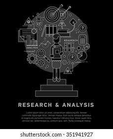 Doodle style concept of general research & analysis, problem solving, collecting data, scientific technologies approach.  Flat illustration for web banners, hero images. 