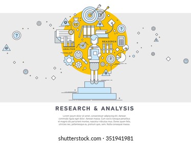 Doodle Style Concept Of General Research & Analysis, Problem Solving, Collecting Data, Scientific Technologies Approach.  Flat Illustration For Web Banners, Hero Images. 