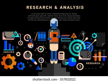 Doodle style concept of general research & analysis, problem solving, collecting data, scientific technologies approach.  Flat illustration for web banners, hero images. 