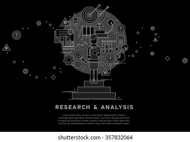 Doodle style concept of general research & analysis, problem solving, collecting data, scientific technologies approach.  Flat illustration for web banners, hero images. 