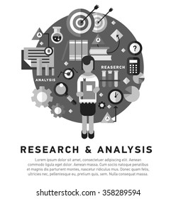 Doodle style concept of general research & analysis, problem solving, collecting data, scientific technologies approach.  Flat illustration for web banners, hero images. 