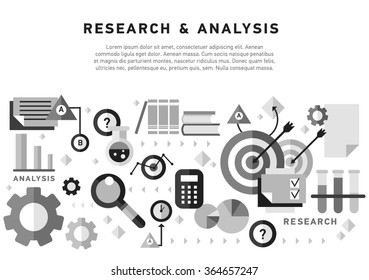 Doodle style concept of general research & analysis, problem solving, collecting data, scientific technologies approach.  Flat illustration for web banners, hero images. 