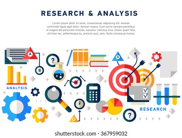 Doodle style concept of general research & analysis, problem solving, collecting data, scientific technologies approach.  Flat illustration for web banners, hero images. 