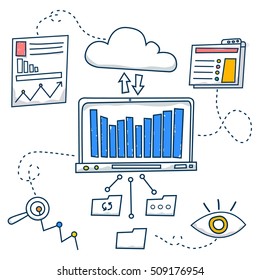 Doodle style concept of general research analysis, problem solving, collecting data, scientific technologies approach. Modern line style illustration for web banners, hero images, printed materials.