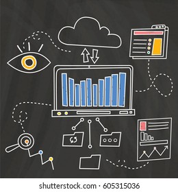 Doodle style concept of general research and analysis, problem solving, collecting data, scientific technologies approach. Modern line style illustration for web banners, hero images, printed material