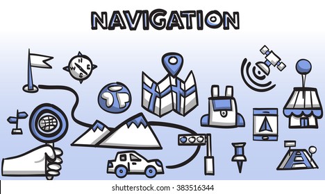 Doodle style concept. Navigation map, location,  mobile geo technology. Modern line style concepts for web banners. GPS, satellite, pin, mobile icon. 