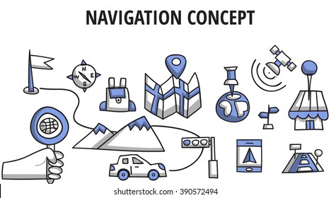 Doodle style concept. Navigation map, location,  mobile geo technology. Modern line style concepts for web banners. GPS, satellite, pin, mobile icon. 