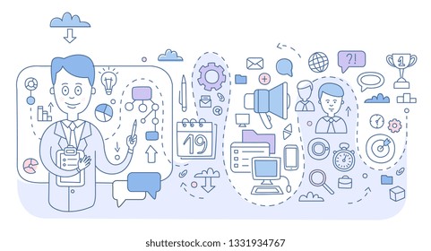 Doodle style concept of project management. Modern line illustration for web banners, hero images, printed materials