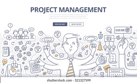 Doodle style concept of project management, organizing, controlling company resources, risks, achieving project goals. Modern line style illustration for web banners, hero images, printed materials