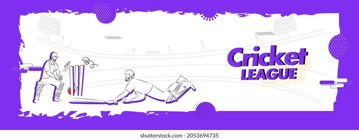 Doodle Style Concept Of Run Out Batsman With Wicket Keeper On White And Purple Stadium Background For Cricket League.