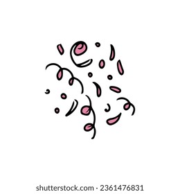 Confeti estilo doodle. Ilustración vectorial dibujada a mano. Confetti, alisador, oropel sobre un fondo blanco. Vacaciones, cumpleaños. Color rosa.